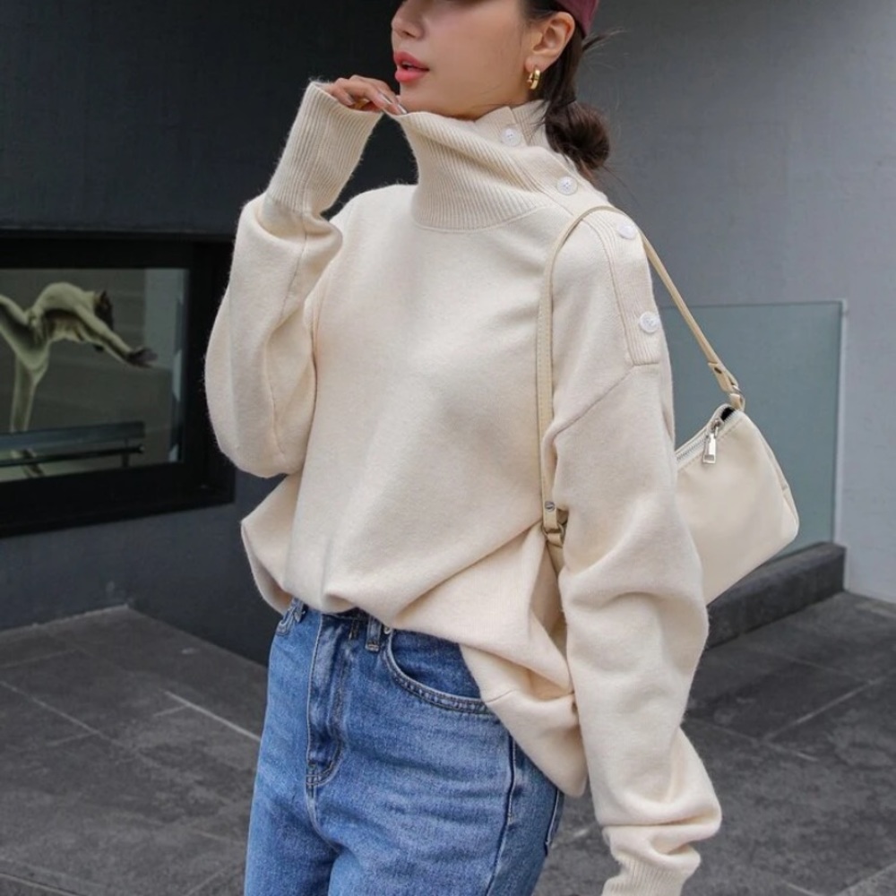 Dazy Cream Colored Turtleneck Buttoned Sweater